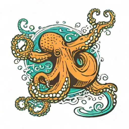 teal octopus with tan bottom side of tentacles sitting in a puddle of orange liquid with a spilled cup next to it  tattoo design idea