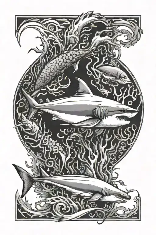 sleeve of a Coral Reef with one great white shark, dolphin fish, and an octopus  tattoo design idea