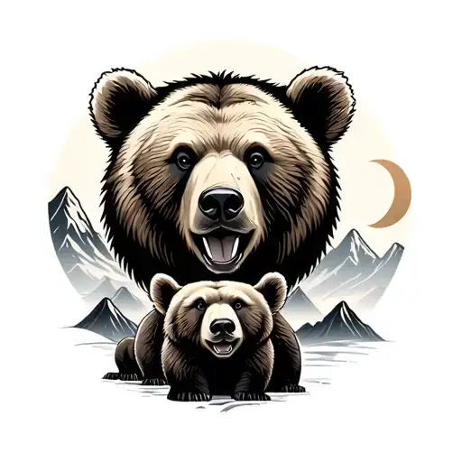 Bear face with 3 cubs by mountains and moon tattoo design idea