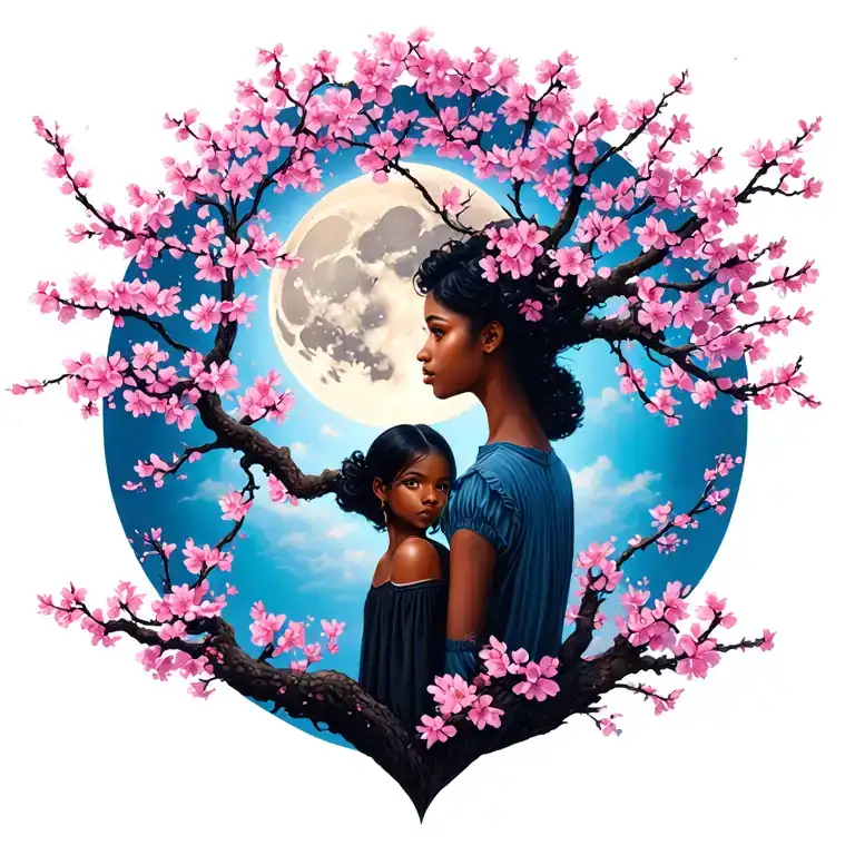 half full back cherry blossom tree with the moon & a black girl tattoo design idea