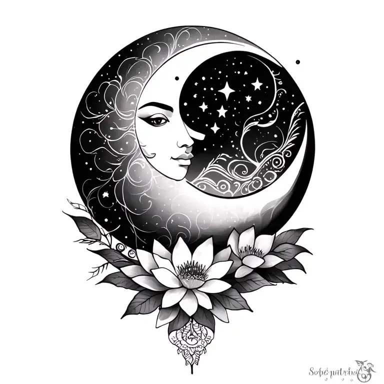 sun and moon with lotus flowers, stars and lace tattoo design idea