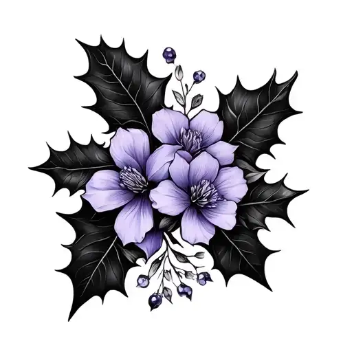 fine line holly and violet flowers together tattoo design idea