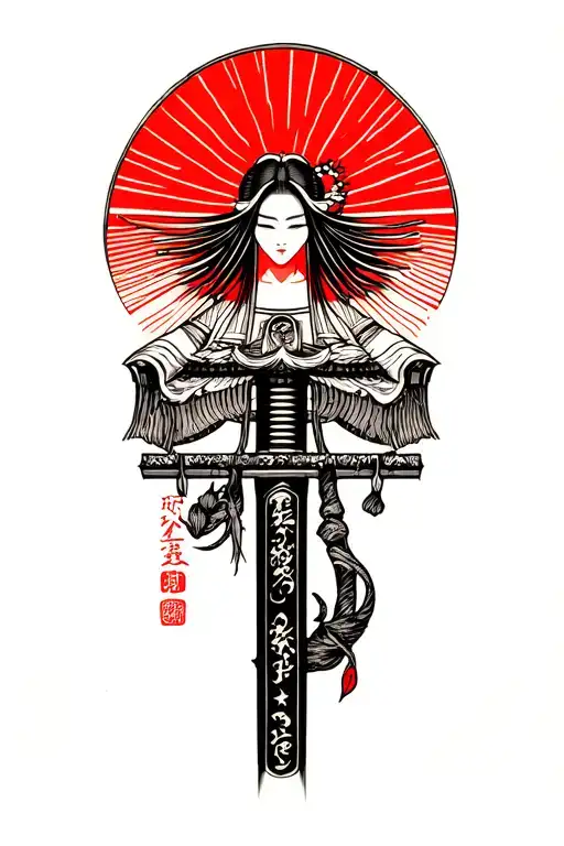 katana, Japanese sun, Shinto shrine in a wood block print style tattoo design idea