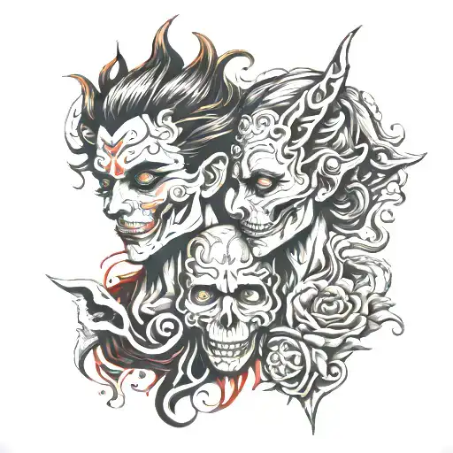 two minds good and evil speak no evil tattoo design idea