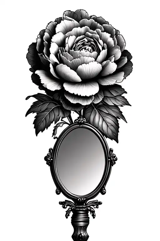 Black and gray American traditional style peonies on background with vintage handheld mirror on bottom right corner with tattoo design idea
