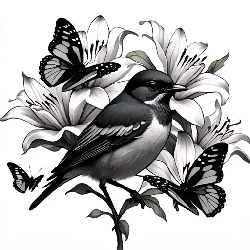 a mocking bird surrounded with lilies and 3 butterflies landing on the petals of the flowers  tattoo design idea