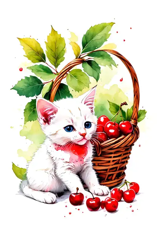 A sketch for a tattoo, a small white kitten sits next to a basket with berries and eats cherries, a muzzle in red juice tattoo design idea