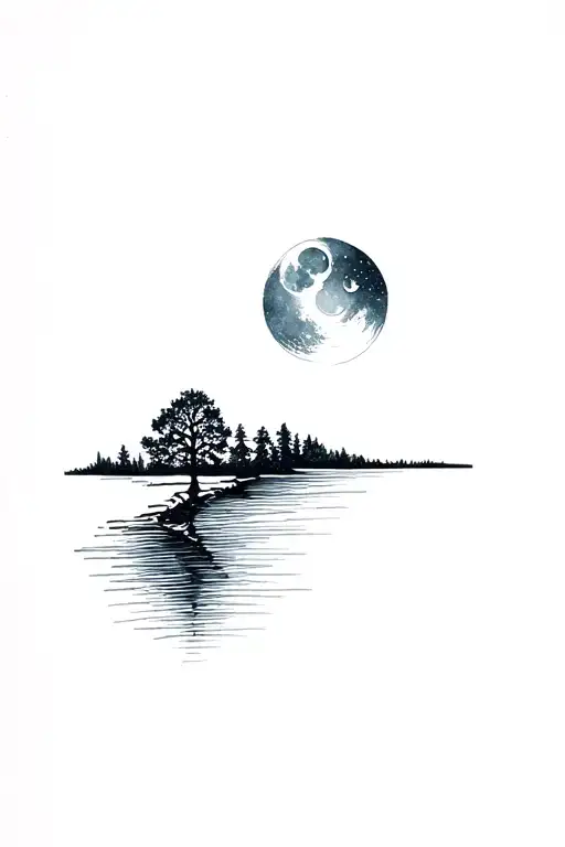 moon reflecting off river with trees tattoo design idea