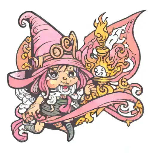 burning pink ribbon with peaking gnome woman tattoo design idea