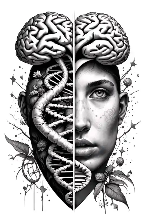 Brain, DNA, heart, half hidden/wrong face, half real face, overthinking/growing tattoo tattoo design idea