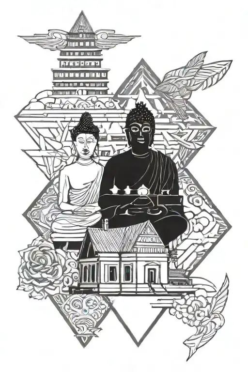 Houses in Russia, Buddha, forward arrow and adidas brand logo tattoo design idea