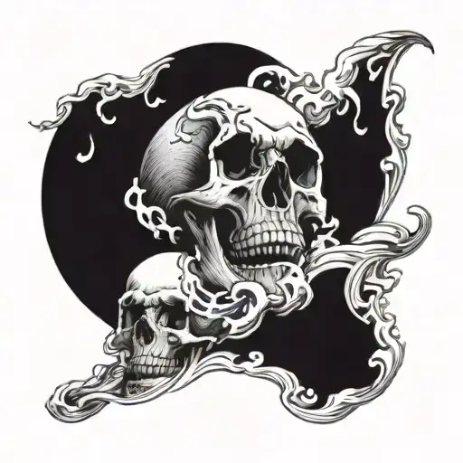 two skulls floating in crashing ocean waves tattoo design idea