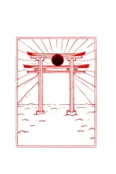 Japanese torii gate red less lines with rising sun tattoo design idea