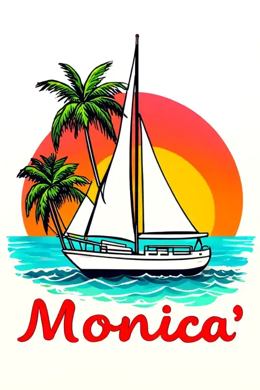 "Monica" white sailboat, ocean, sunrise Above the sun, island palm, beach, text at bottom in bubble letters tattoo design idea