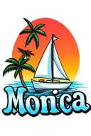 "Monica" white sailboat, ocean, sunrise Above the sun, island palm, beach, text at bottom in bubble letters tattoo design idea