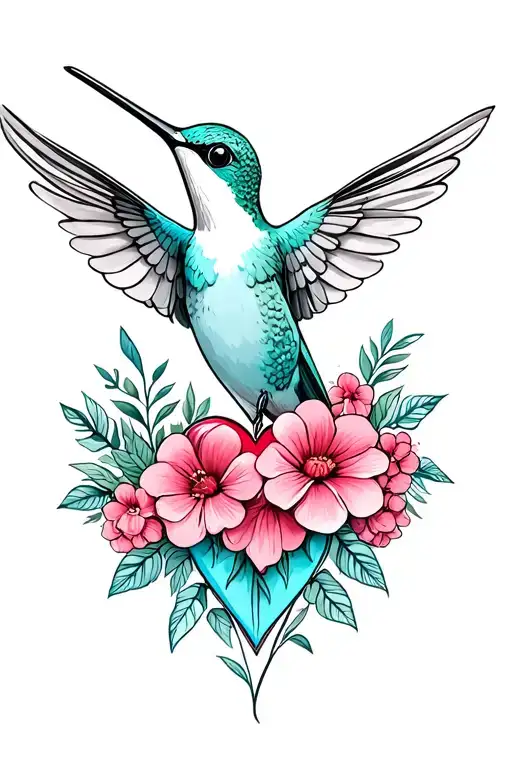hummingbird remembrance with flowers and heart tattoo design idea