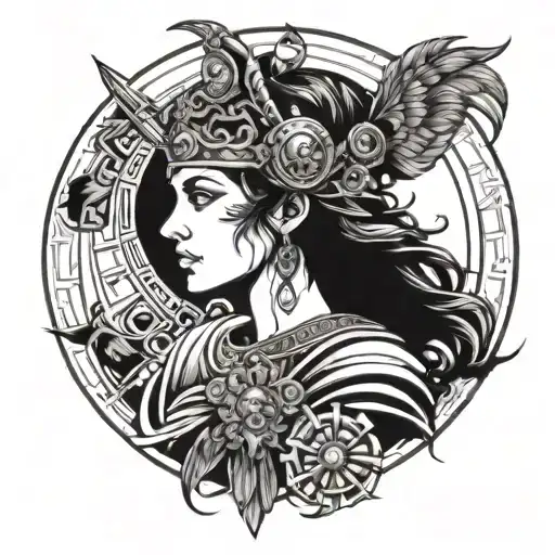 A modern interpretation of the Greek goddess Athena as a team leader, incorporating elements of technology and leadership symbols tattoo design idea