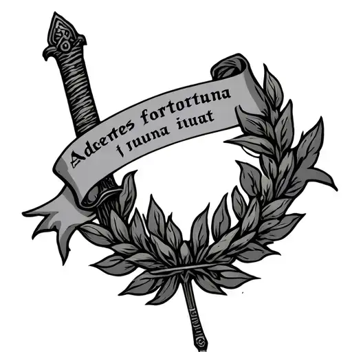 roman laurel wreath wrapped, with a banner saying audentes fortuna iuvat and a sword tattoo design idea