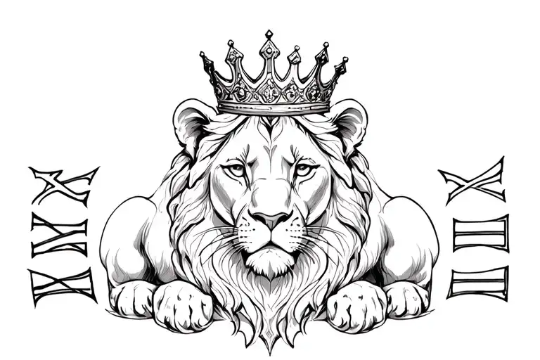 Roman numerals and lioness wearing a crown tattoo design idea