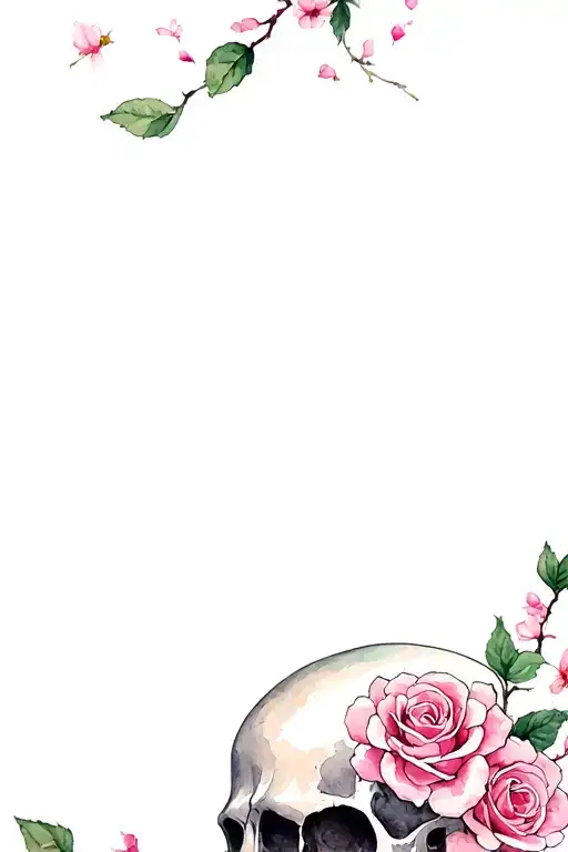 skull with roses blooming cherry blossom tattoo design idea