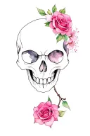 skull with roses blooming cherry blossom tattoo design idea