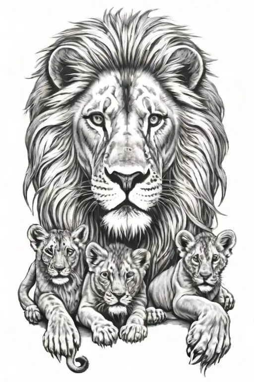 lion and lioness protecting her 2 cubs tattoo design idea