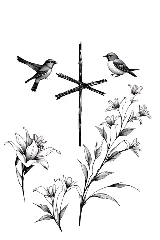 can you create a simple, dainty girl tattoo design of a cross made of wildflowers and lillies with sparrows throughout tattoo design idea