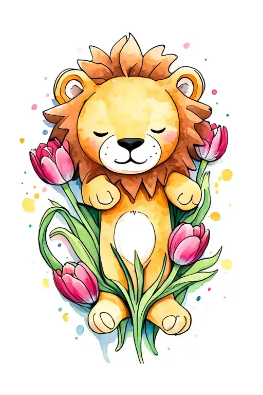 small stuffed animal lion sleeping.  surrounded by tulips.  thick black lines. color spilling over. lots of color. tattoo design idea