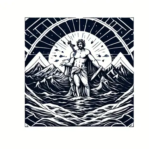 chest tattoo Greek mythology and the sea with Poseidon and mountains  tattoo design idea