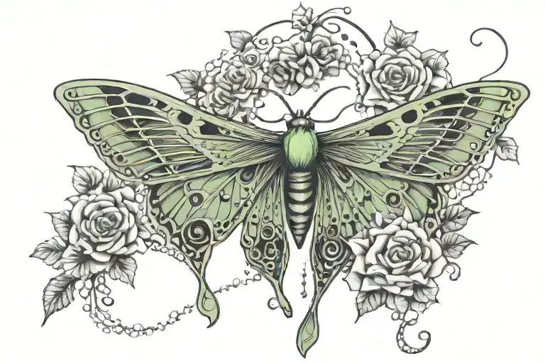 Luna moth, moon dangling beads, Lace, roses, lower sternum tattoo design idea