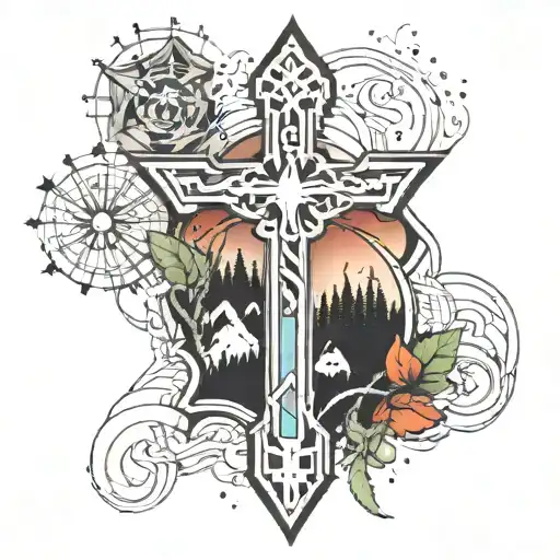 Medium cross with a pop of color in the center foreground. Background will have mountains forests and stars tattoo design idea