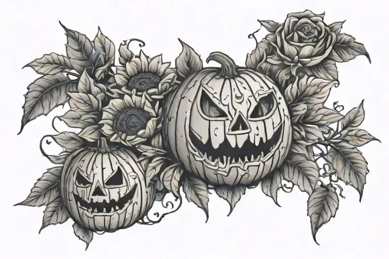 jack o lantern surrounded by sunflowers and roses tattoo design idea