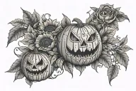 jack o lantern surrounded by sunflowers and roses tattoo design idea