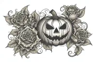 jack o lantern surrounded by sunflowers and roses tattoo design idea