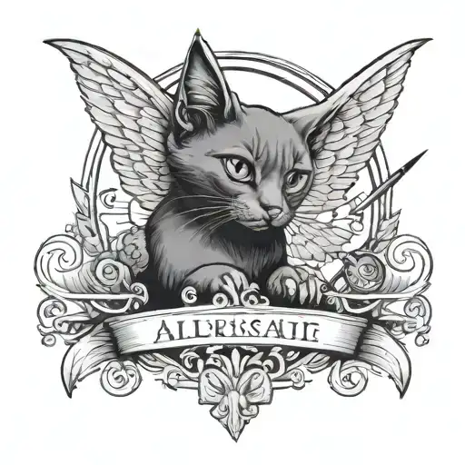 A black-grey tattoo of a cat with wings holding a paintbrush, surrounded by dark gothic elements tattoo design idea
