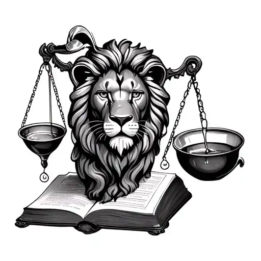 lion face, open book, traditional weighing scale, picture of pouring liquid between two vessels tattoo design idea
