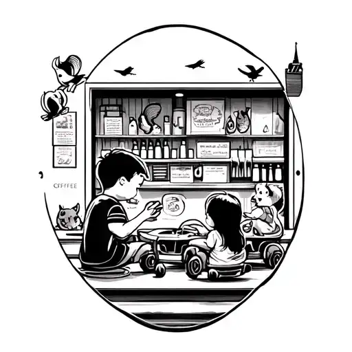 A tattoo of your kids playing with rc cars in a coffee shop, with animals like birds or squirrels watching from the windows tattoo design idea