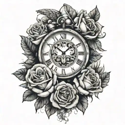roses surrounded, roman numerals, tiger head, angel wings, clock sleeve tattoo tattoo design idea