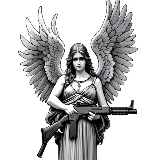 An angel with wings that holds an AK 47 in your hand tattoo design idea