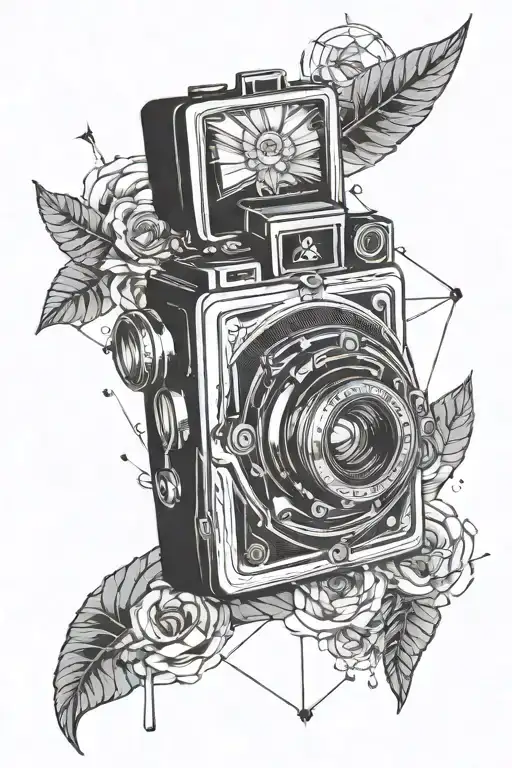 A black and white tattoo that will be on the front arm for a man  of a vintage camera and in addition with technical tex tattoo design idea