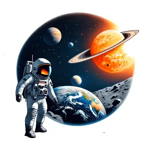 astronaut on the moon looking at earth with the sun , Saturn and Jupiter in the background  tattoo design idea
