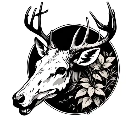 black and white tattoo that goes from your hand to your forearm with deer skull and nature tattoo design idea