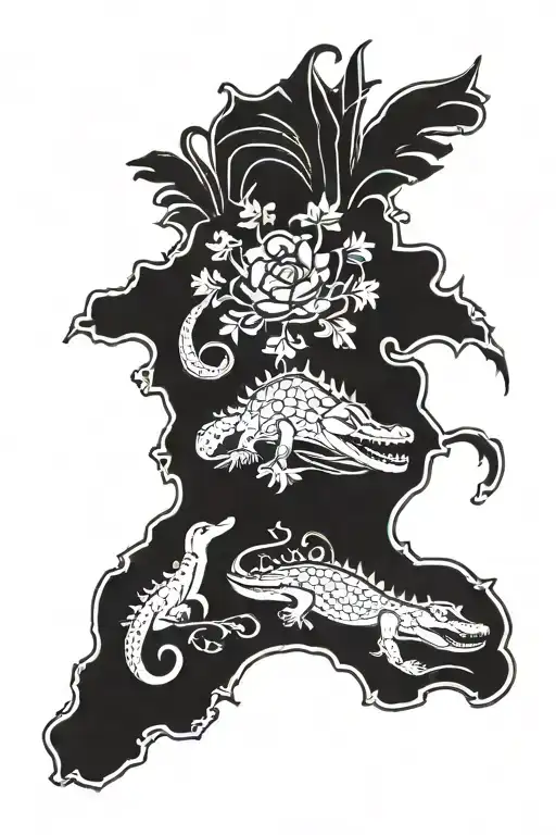 outline of the state of Florida with alligators, flamingos, state flower, and state flag tattoo design idea