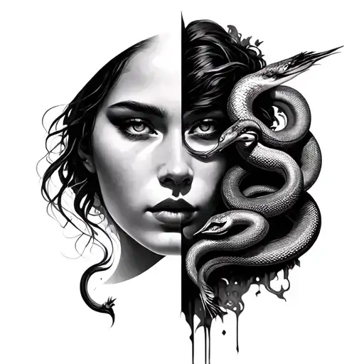 The face of a beautiful woman divided by half with a crane and 4 snakes tattoo design idea