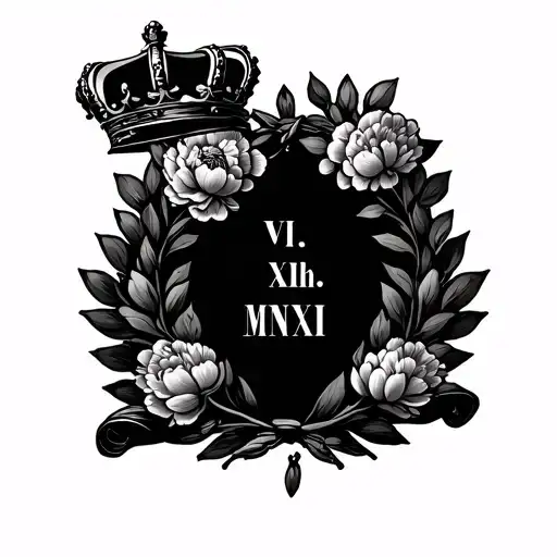 laurel wreath with peonies, a royal crown above, and a scroll with VI. XIX.MMXXII written inside  tattoo design idea