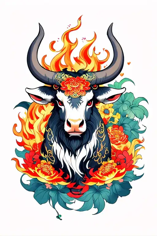 oriental fire ox surrounded by lush tattoo design idea