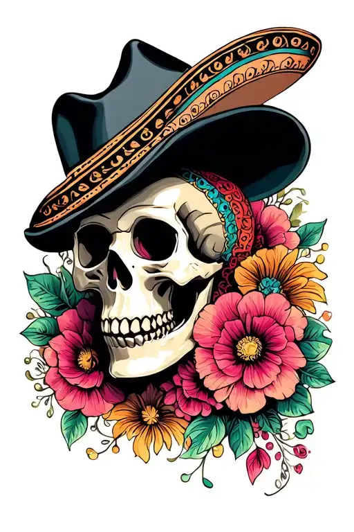 skeleton mariachi skull with hat tattoo design idea
