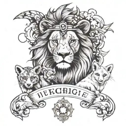 a male lion with the zodiac for leo on his forehead guarding a baby fox with the zodiac for virgo on the fox forehead tattoo design idea