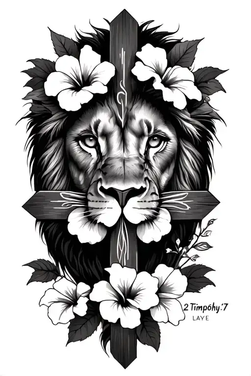 lion eyes surrounded by hibiscus flowers with cross with 2 Timothy 1:7 under the right side of the cross vertically laye tattoo design idea