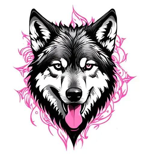 wolf and pink tattoo design idea
